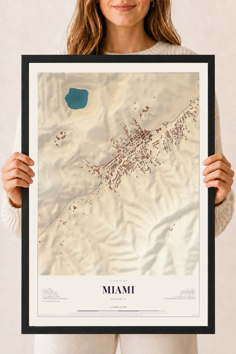 Map of Miami, Arizona, 18 x 24 inch print in a black wood frame
