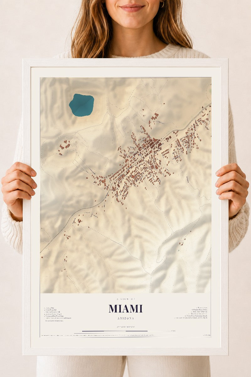 Map of Miami, Arizona, 18 x 24 inch print in a white wood frame