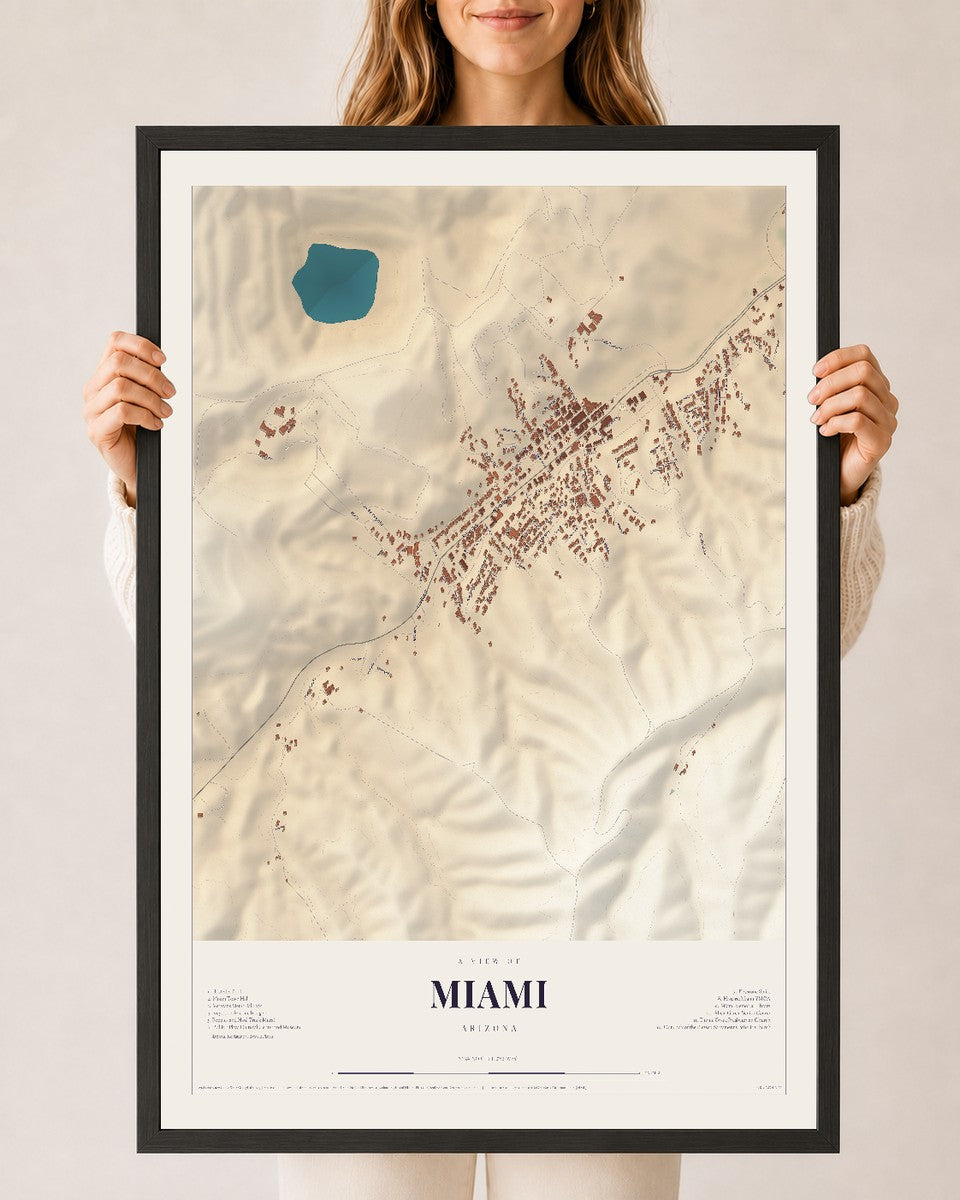 Map of Miami, Arizona, 24 x 36 inch print in a black wood frame