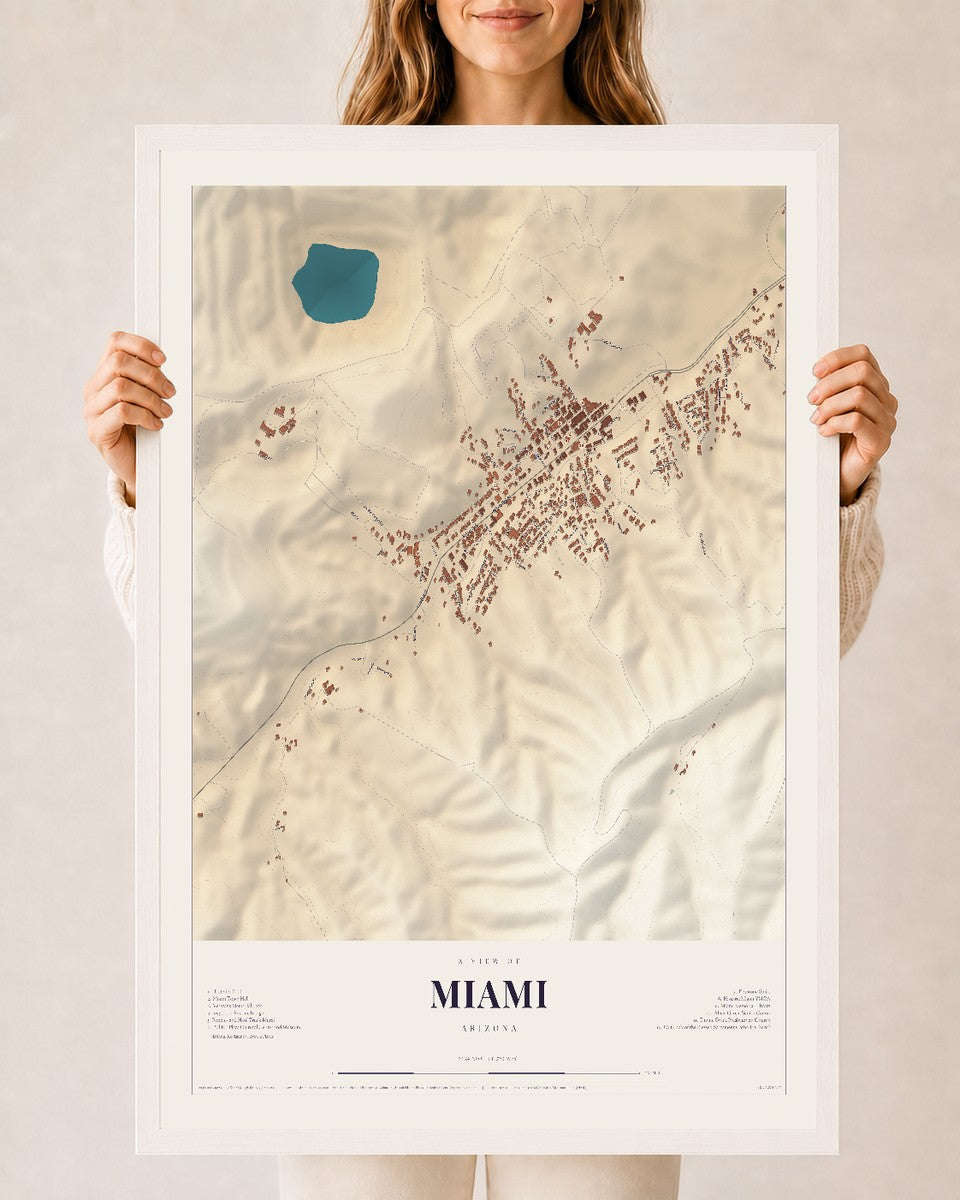 Map of Miami, Arizona, 24 x 36 inch print in a white wood frame