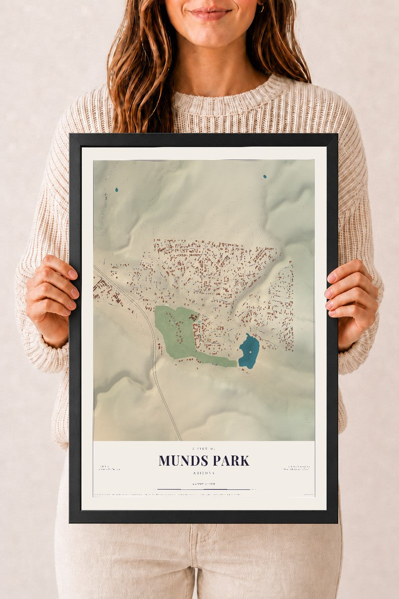 Map of Munds Park, Arizona, 12 x 18 inch print in a black wood frame