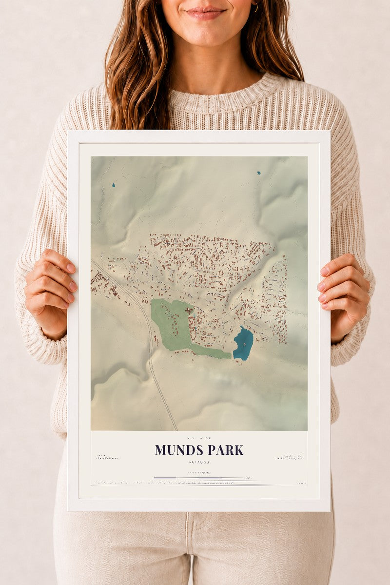 Map of Munds Park, Arizona, 12 x 18 inch print in a white wood frame