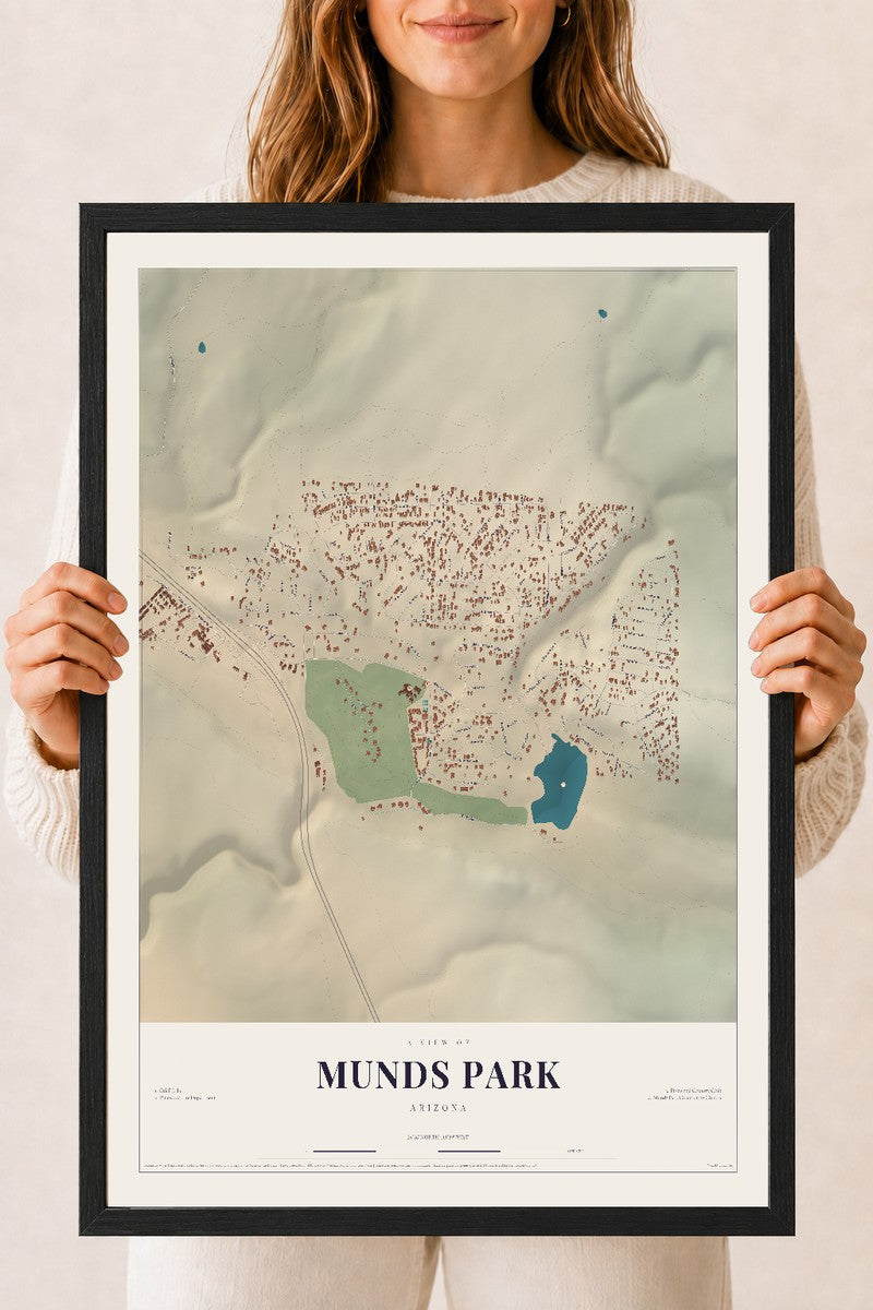 Map of Munds Park, Arizona, 18 x 24 inch print in a black wood frame