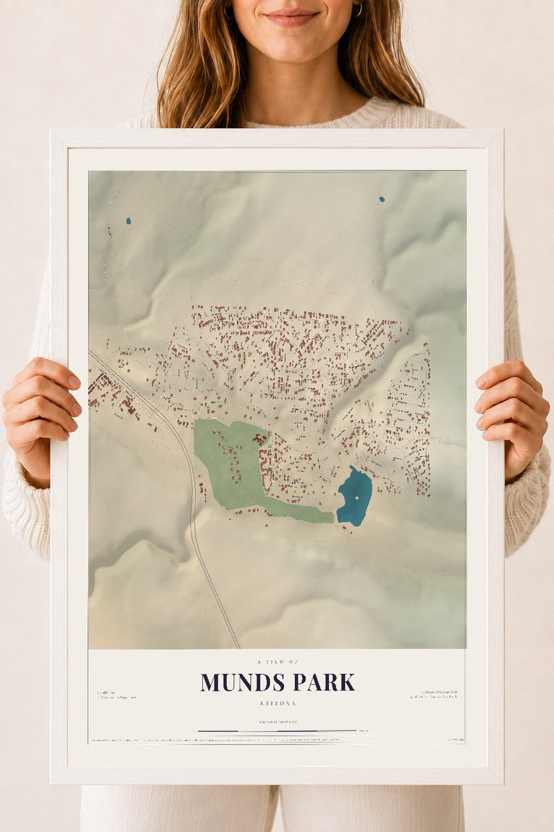 Map of Munds Park, Arizona, 18 x 24 inch print in a white wood frame
