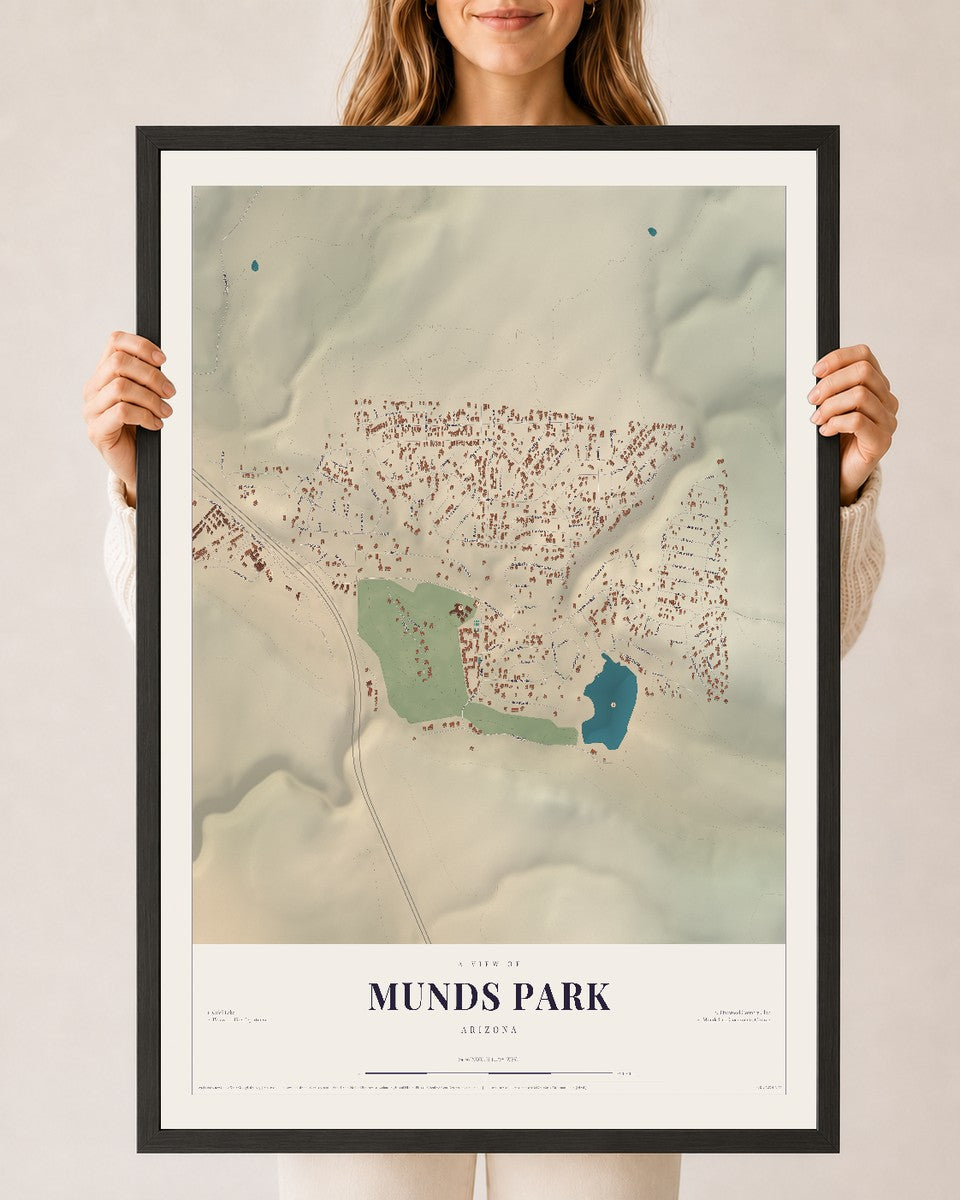 Map of Munds Park, Arizona, 24 x 36 inch print in a black wood frame