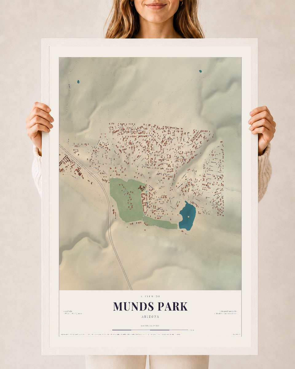 Map of Munds Park, Arizona, 24 x 36 inch print in a white wood frame