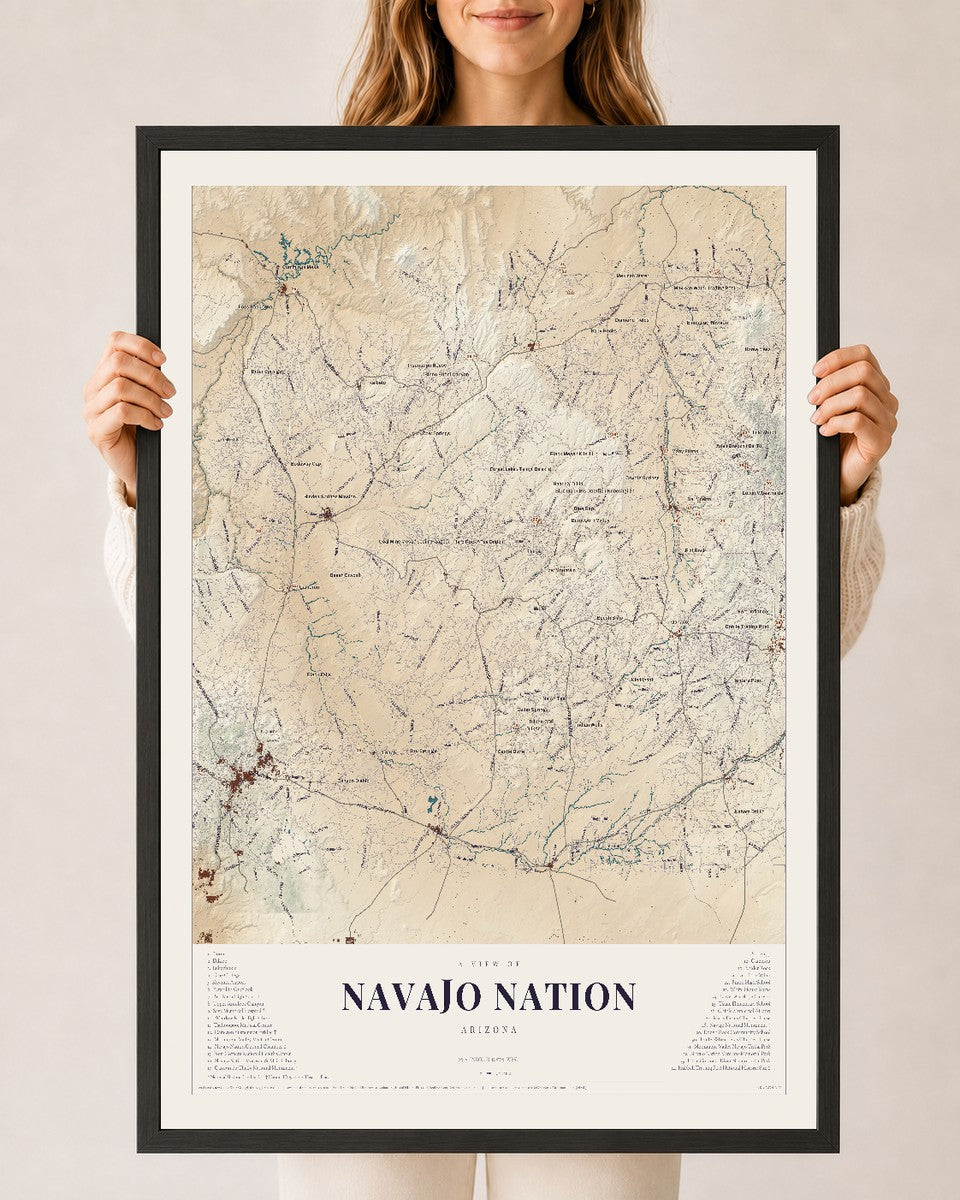 Map of Navajo Nation, Arizona, 24 x 36 inch print in a black wood frame