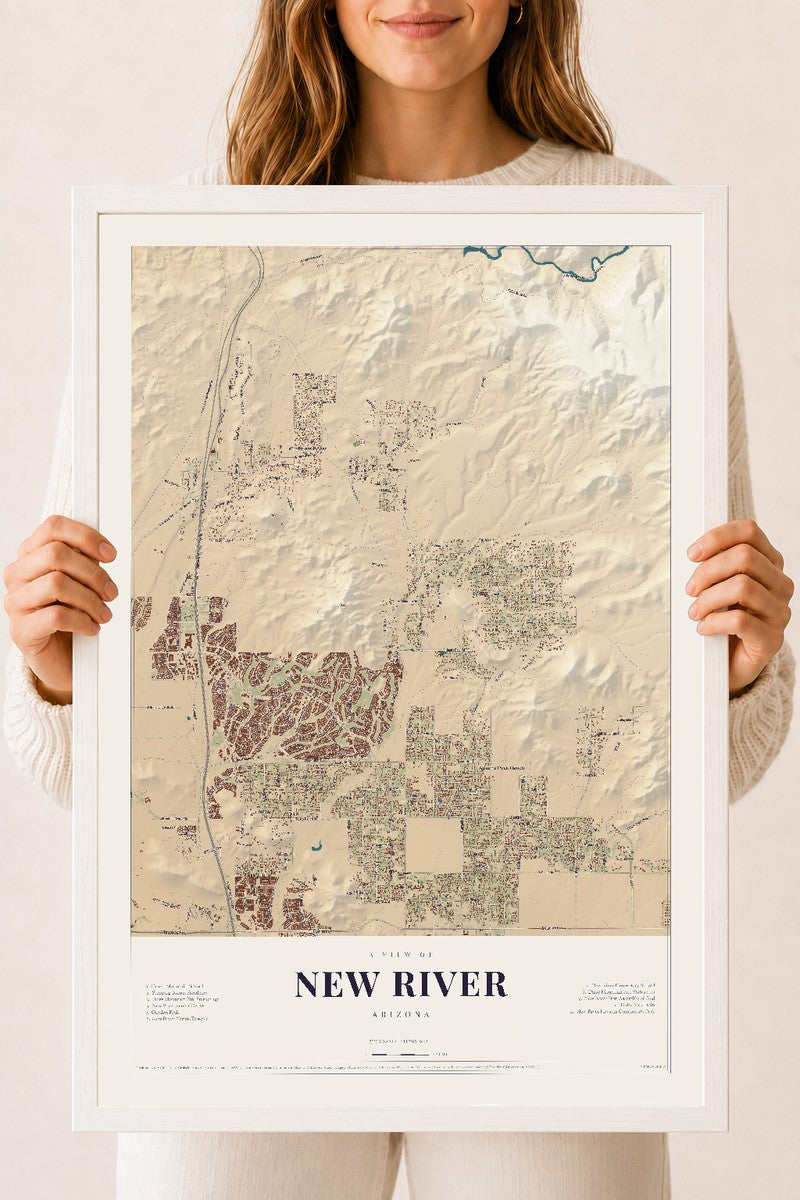 New River, Arizona map print, 18" x 24", W/ White Ayous Wood Frame