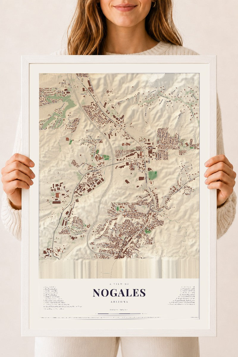 Map of Nogales, Arizona, 18 x 24 inch print in a white wood frame
