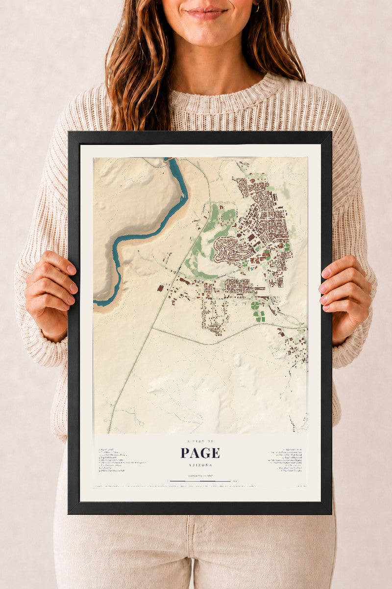 Page, Arizona map print, 12" x 18", W/ Black Ayous Wood Frame