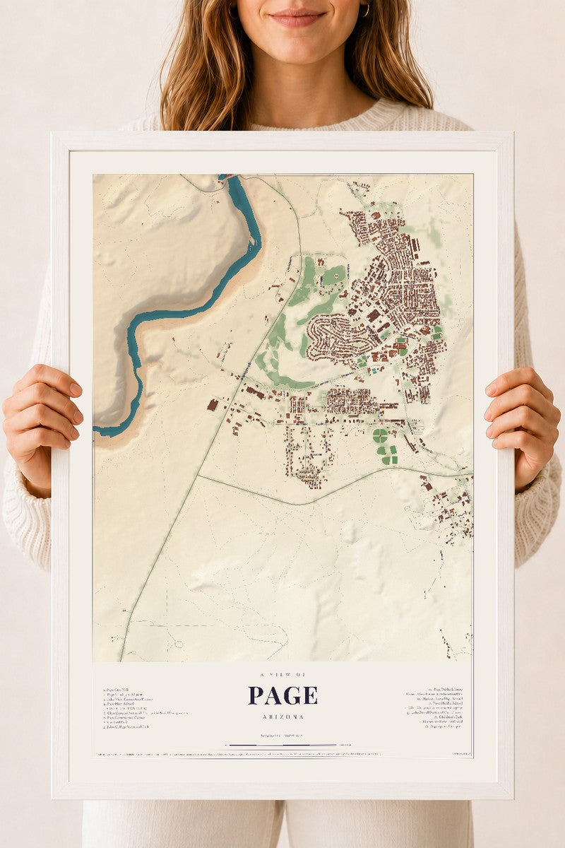 Page, Arizona map print, 18" x 24", W/ White Ayous Wood Frame