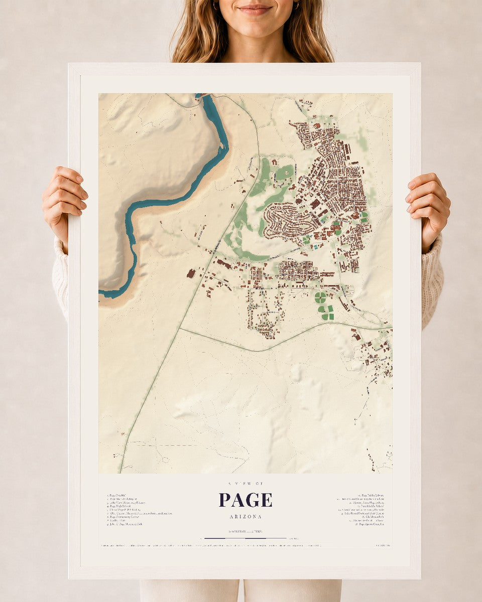 Page, Arizona map print, 24" x 36", W/ White Ayous Wood Frame
