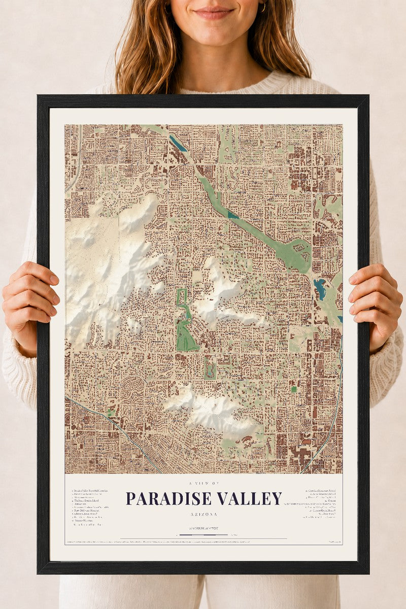 Paradise Valley, Arizona map print, 18" x 24", W/ Black Ayous Wood Frame