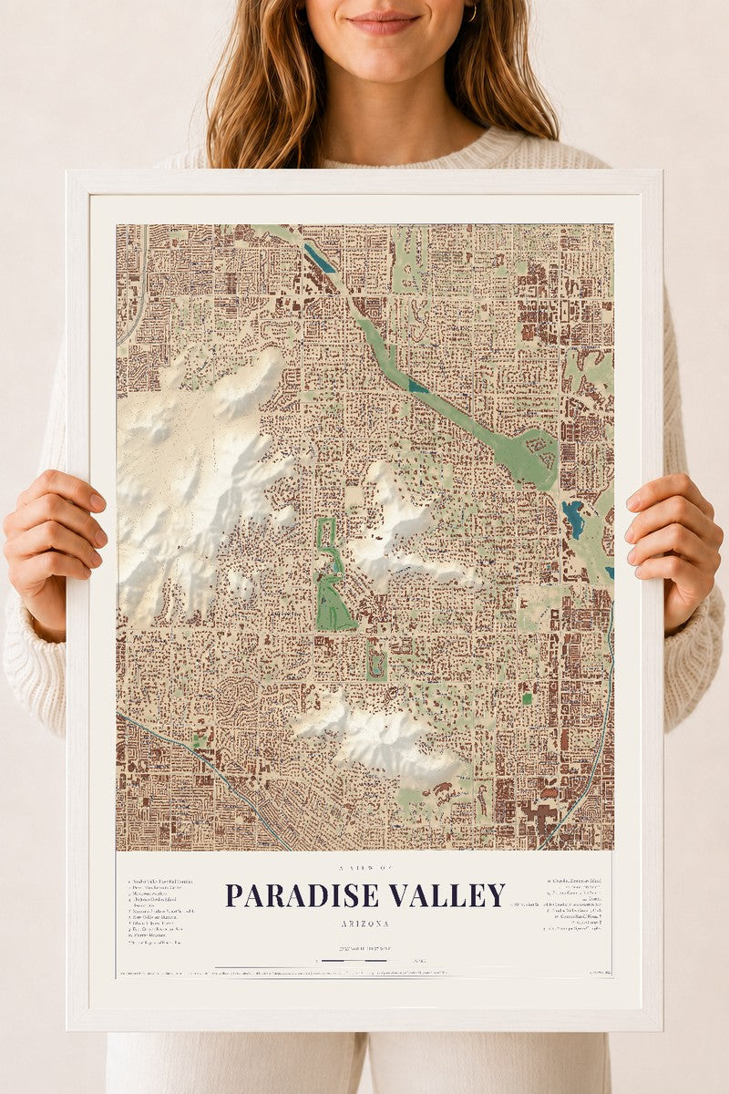 Paradise Valley, Arizona map print, 18" x 24", W/ White Ayous Wood Frame