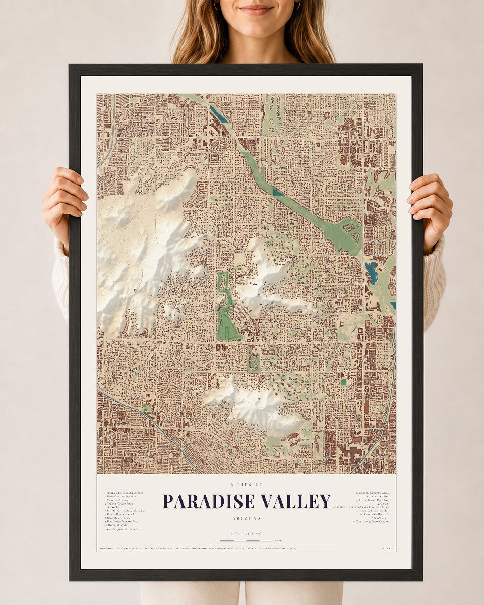 Paradise Valley, Arizona map print, 24" x 36", W/ Black Ayous Wood Frame
