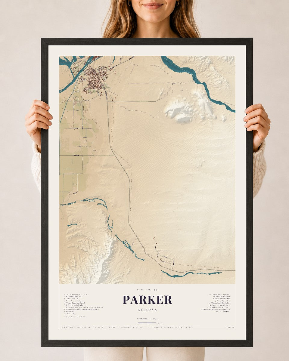 Parker, Arizona map print, 24" x 36", W/ Black Ayous Wood Frame