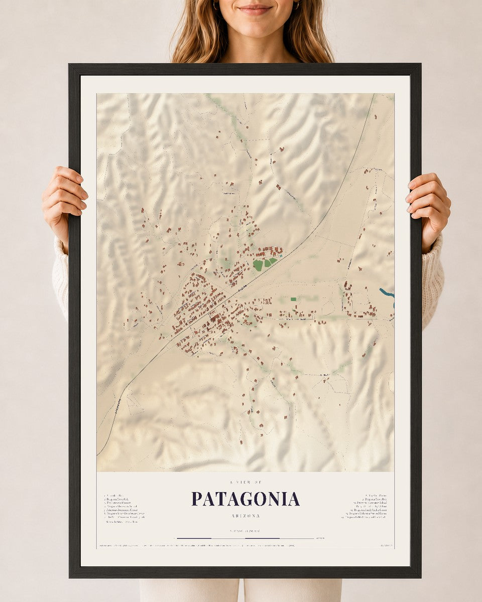 Map of Patagonia, Arizona, 24 x 36 inch print in a black wood frame