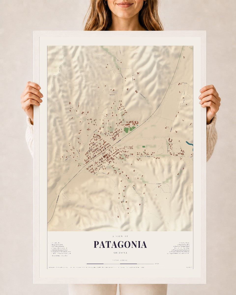 Map of Patagonia, Arizona, 24 x 36 inch print in a white wood frame