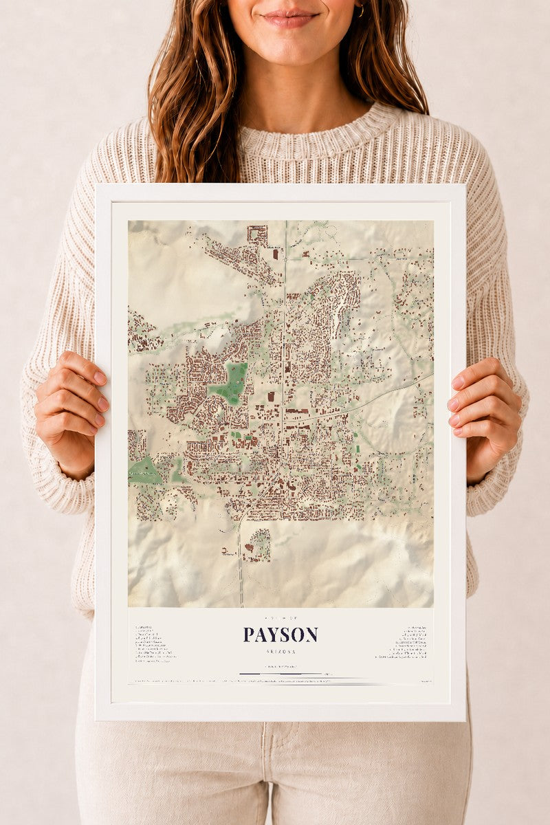Map of Payson, Arizona, 12 x 18 inch print in a white wood frame