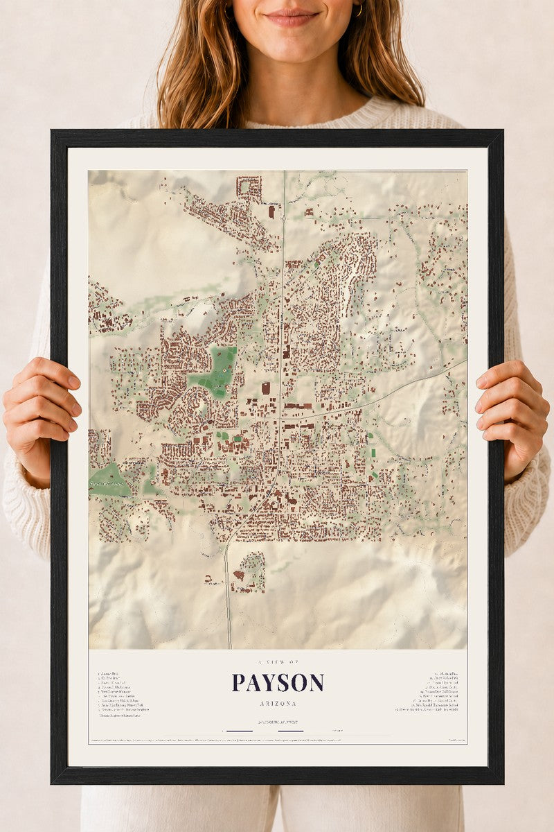 Map of Payson, Arizona, 18 x 24 inch print in a black wood frame