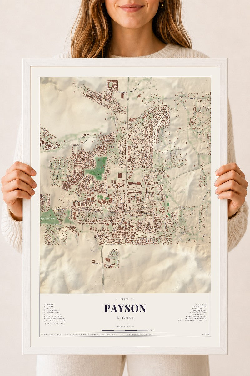 Map of Payson, Arizona, 18 x 24 inch print in a white wood frame