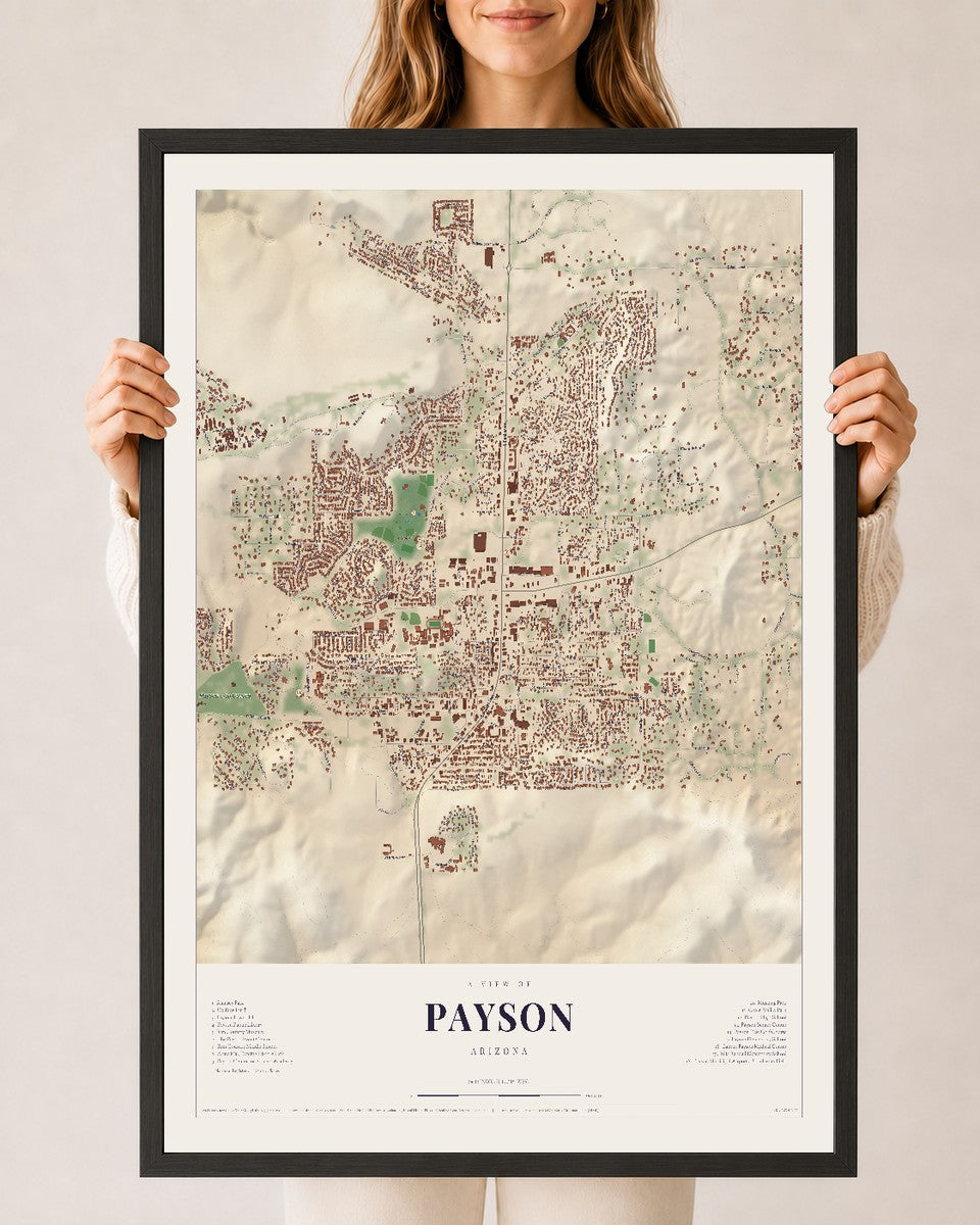 Map of Payson, Arizona, 24 x 36 inch print in a black wood frame