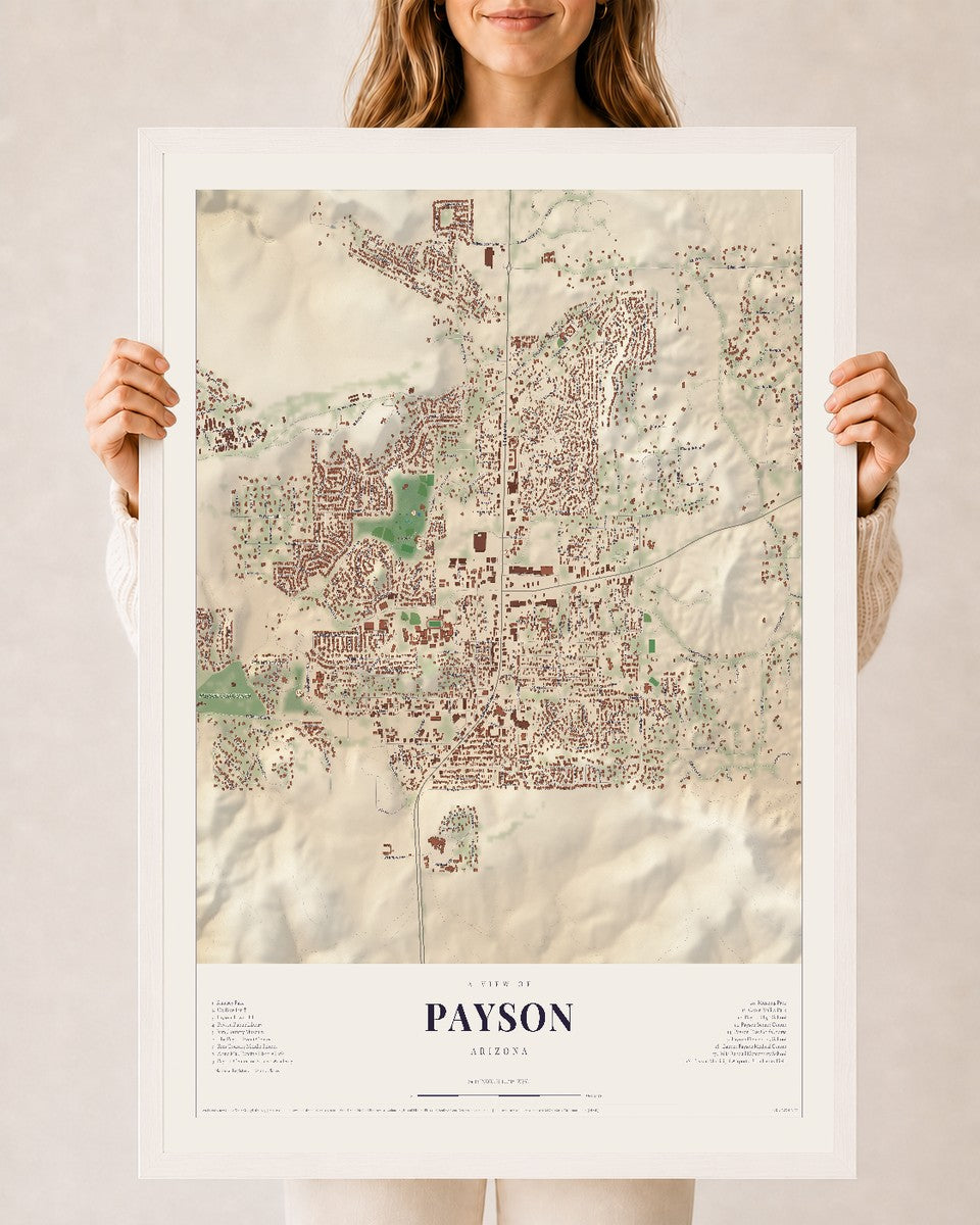 Map of Payson, Arizona, 24 x 36 inch print in a white wood frame