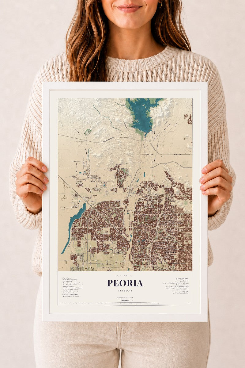Peoria, Arizona map print, 12" x 18", W/ White Ayous Wood Frame