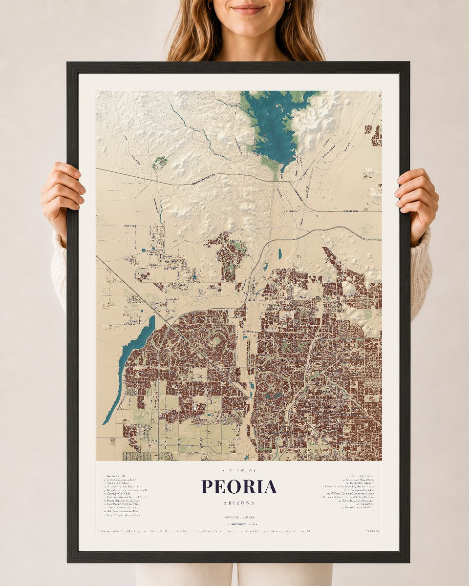 Peoria, Arizona map print, 24" x 36", W/ Black Ayous Wood Frame