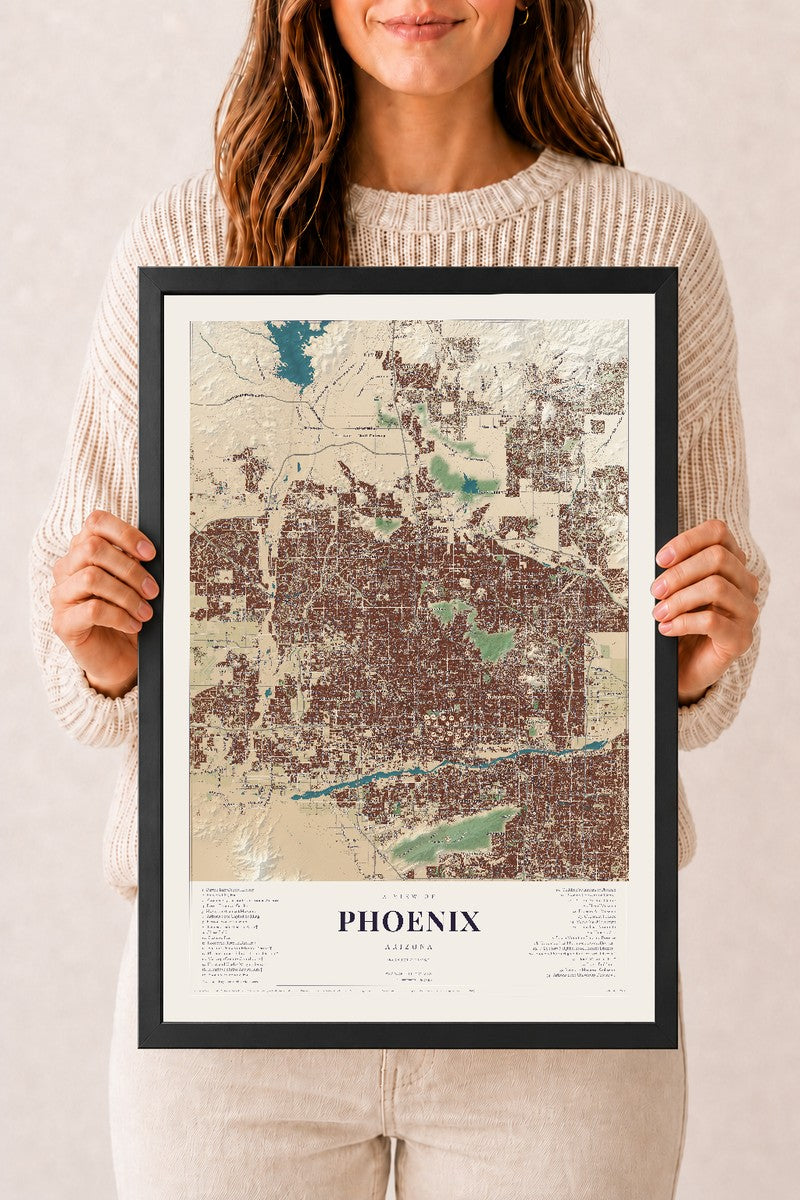 Phoenix, Arizona map print, 12" x 18", W/ Black Ayous Wood Frame