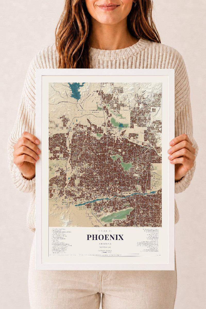 Phoenix, Arizona map print, 12" x 18", W/ White Ayous Wood Frame