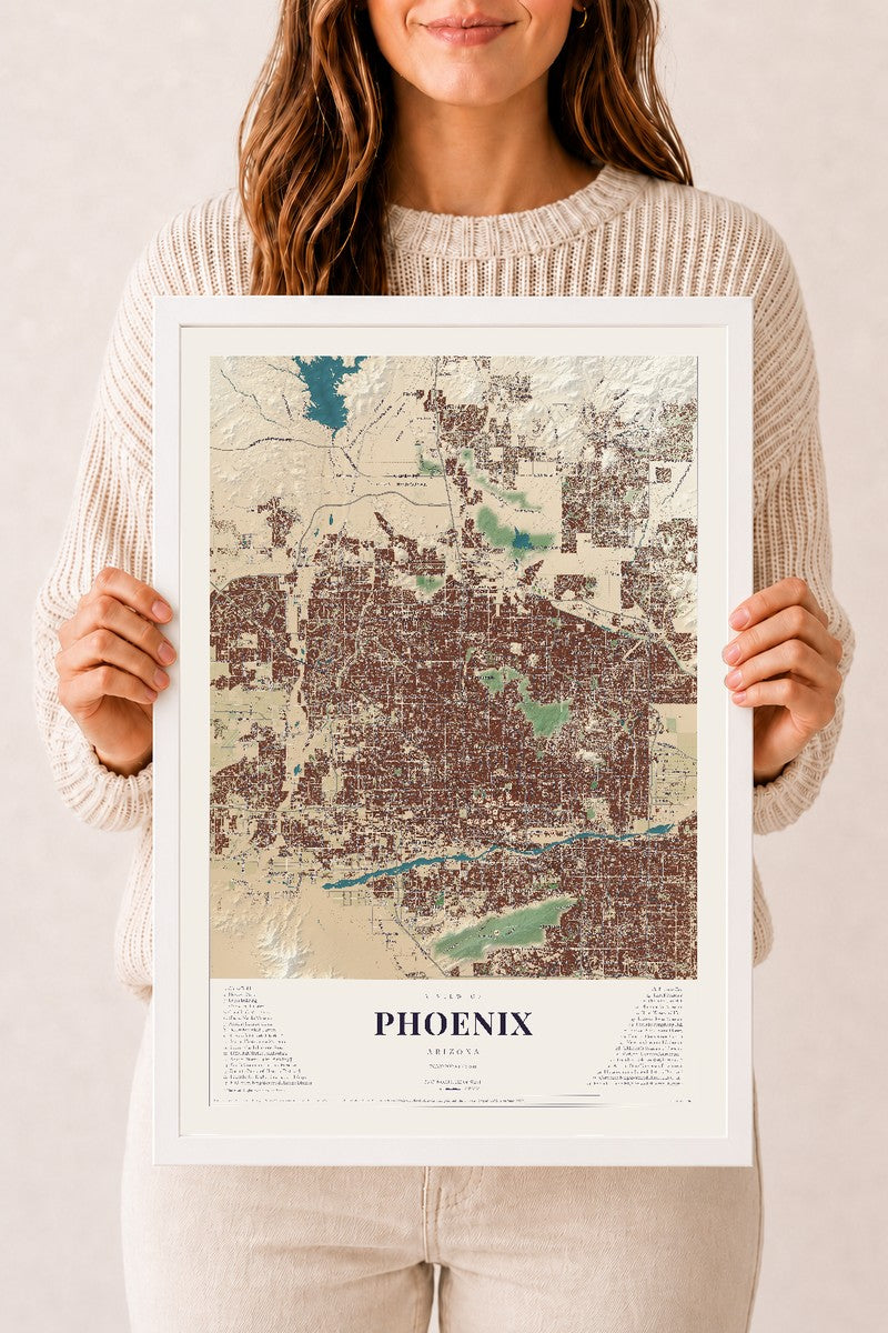 Map of Phoenix, Arizona, 12 x 18 inch print in a white wood frame