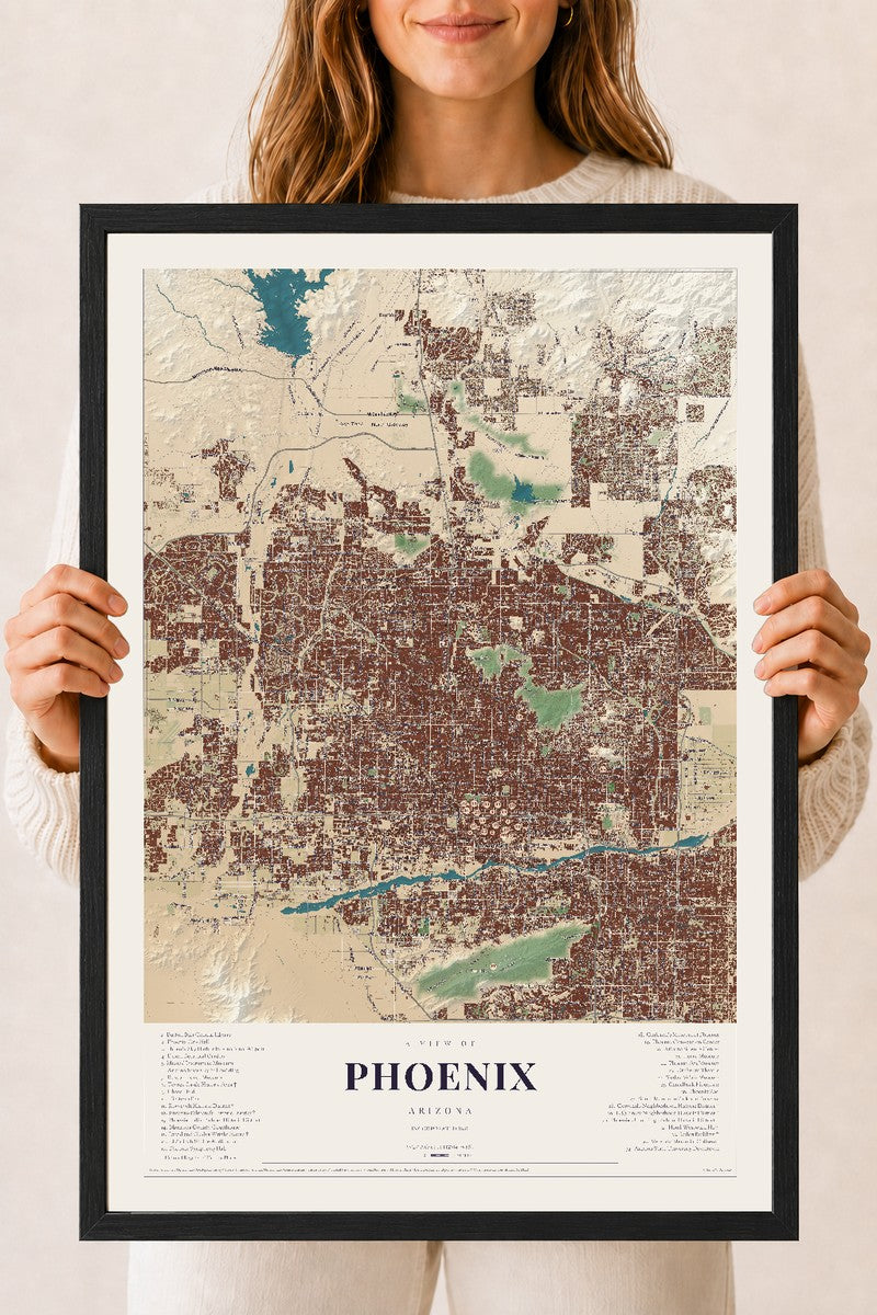Phoenix, Arizona map print, 18" x 24", W/ Black Ayous Wood Frame