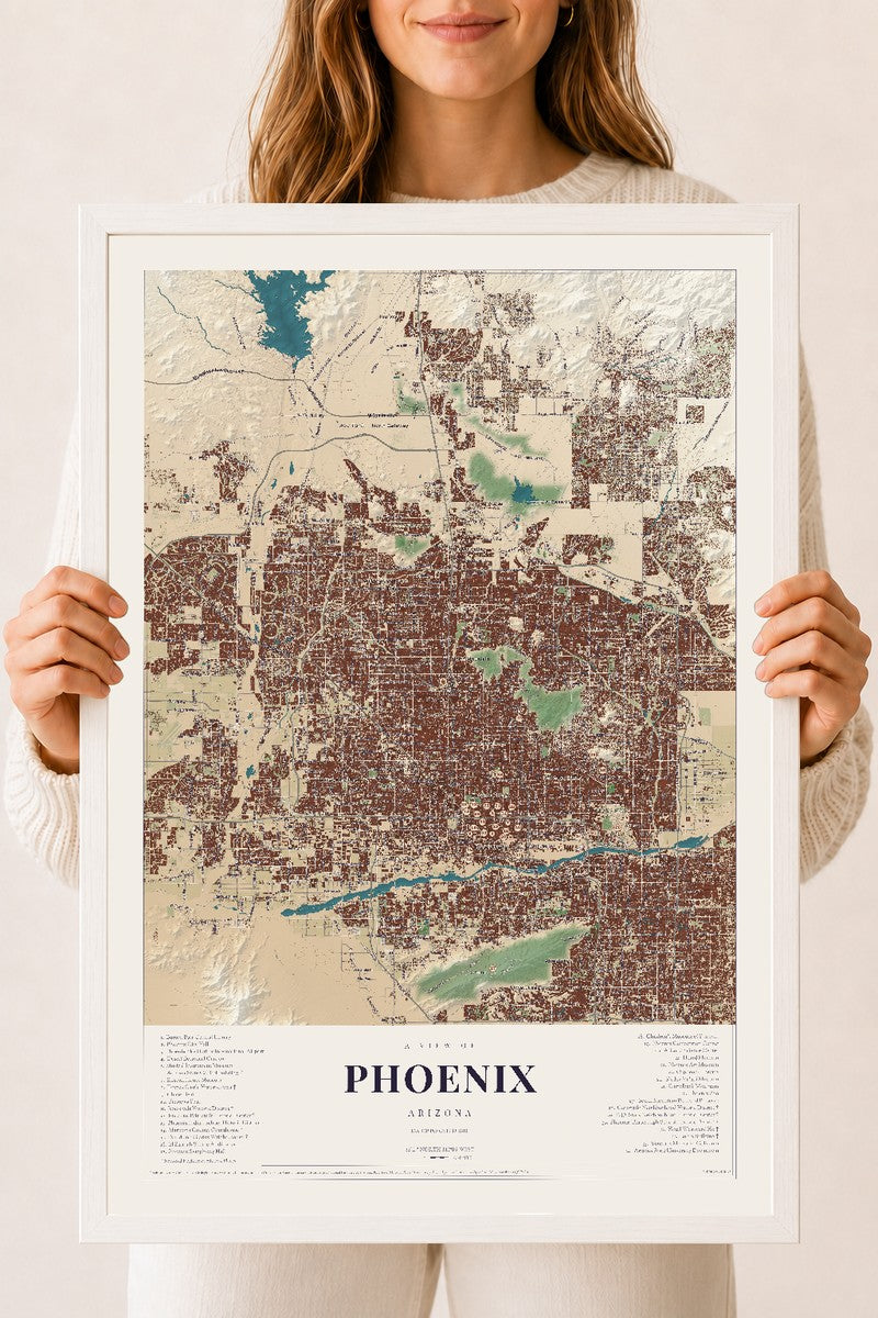 Phoenix, Arizona map print, 18" x 24", W/ White Ayous Wood Frame