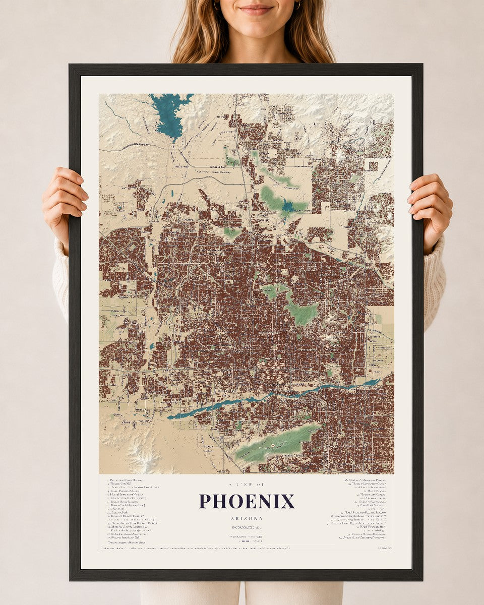Phoenix, Arizona map print, 24" x 36", W/ Black Ayous Wood Frame