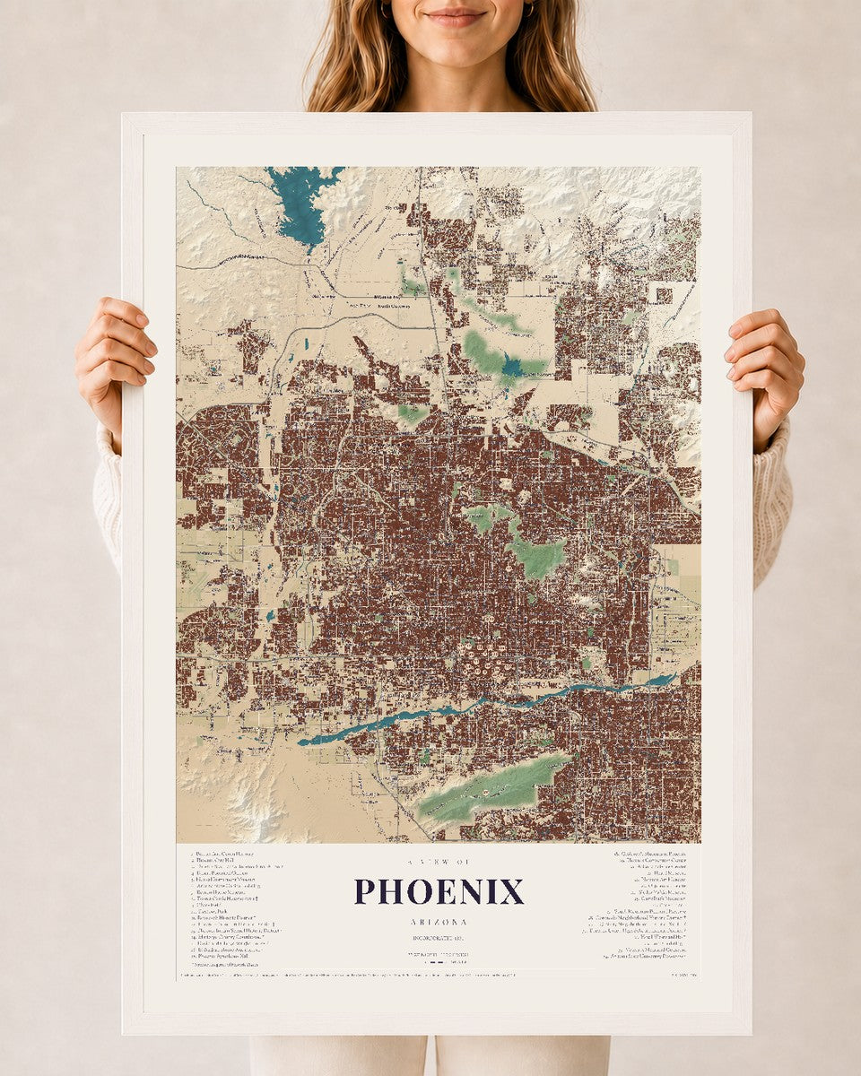 Phoenix, Arizona map print, 24" x 36", W/ White Ayous Wood Frame