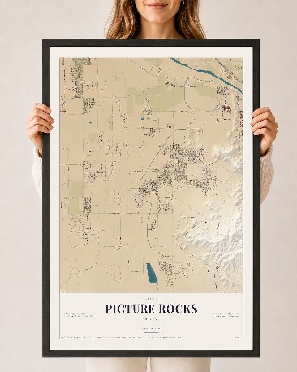 Picture Rocks, Arizona map print, 24" x 36", W/ Black Ayous Wood Frame