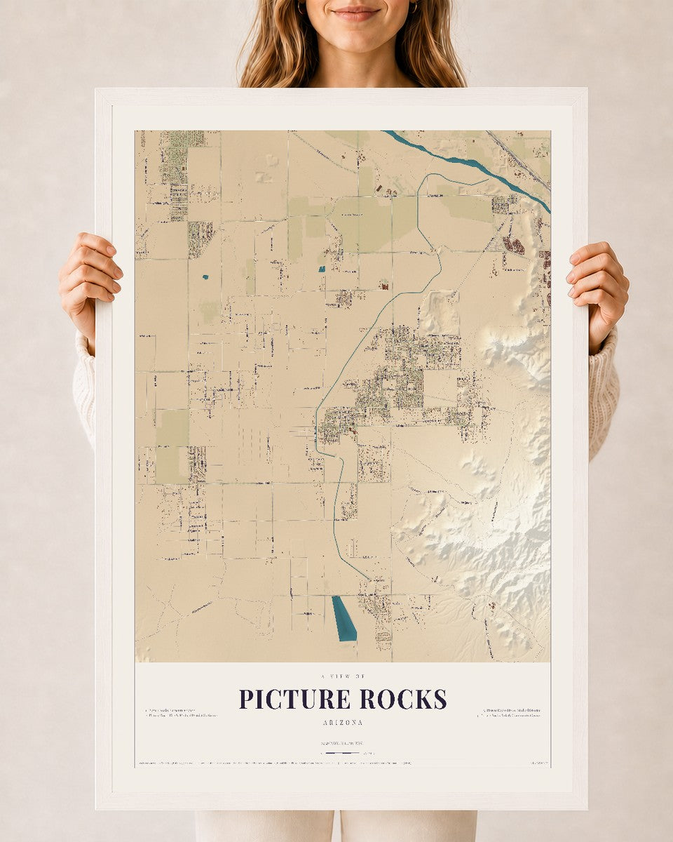 Picture Rocks, Arizona map print, 24" x 36", W/ White Ayous Wood Frame