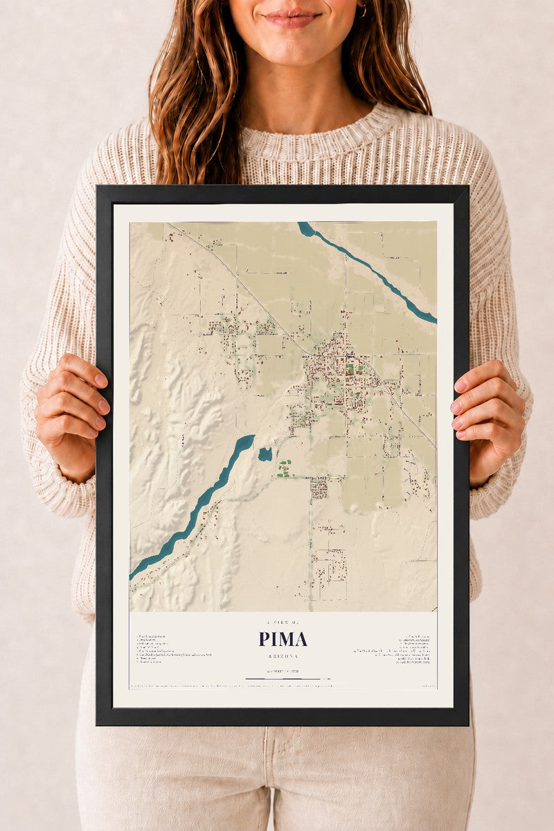 Pima, Arizona map print, 12" x 18", W/ Black Ayous Wood Frame