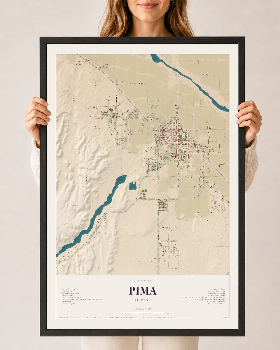 Pima, Arizona map print, 24" x 36", W/ Black Ayous Wood Frame