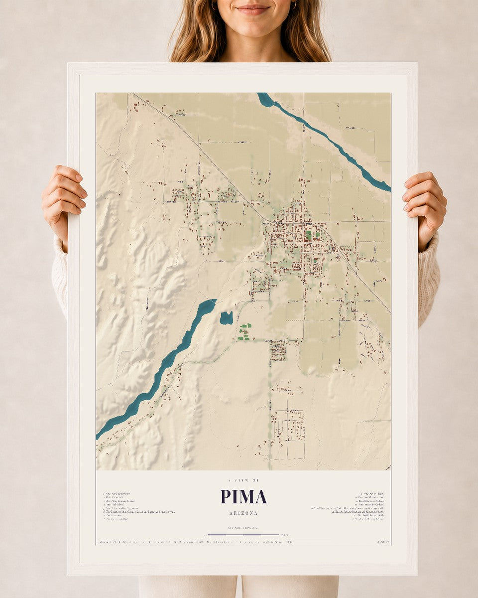 Pima, Arizona map print, 24" x 36", W/ White Ayous Wood Frame