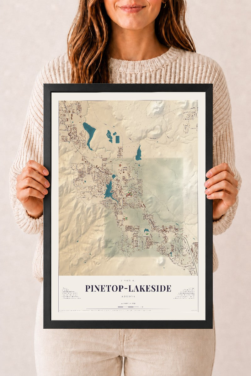 Map of Pinetop-Lakeside, Arizona, 12 x 18 inch print in a black wood frame