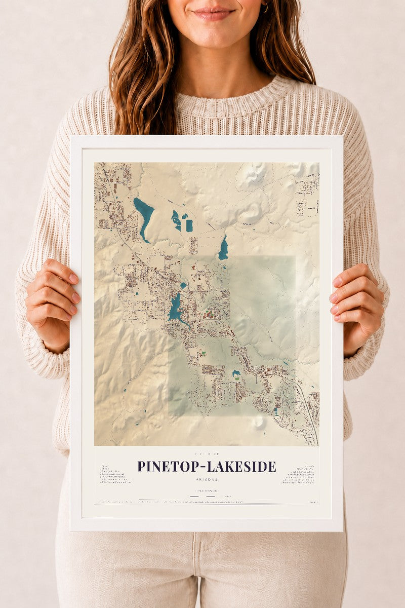 Map of Pinetop-Lakeside, Arizona, 12 x 18 inch print in a white wood frame