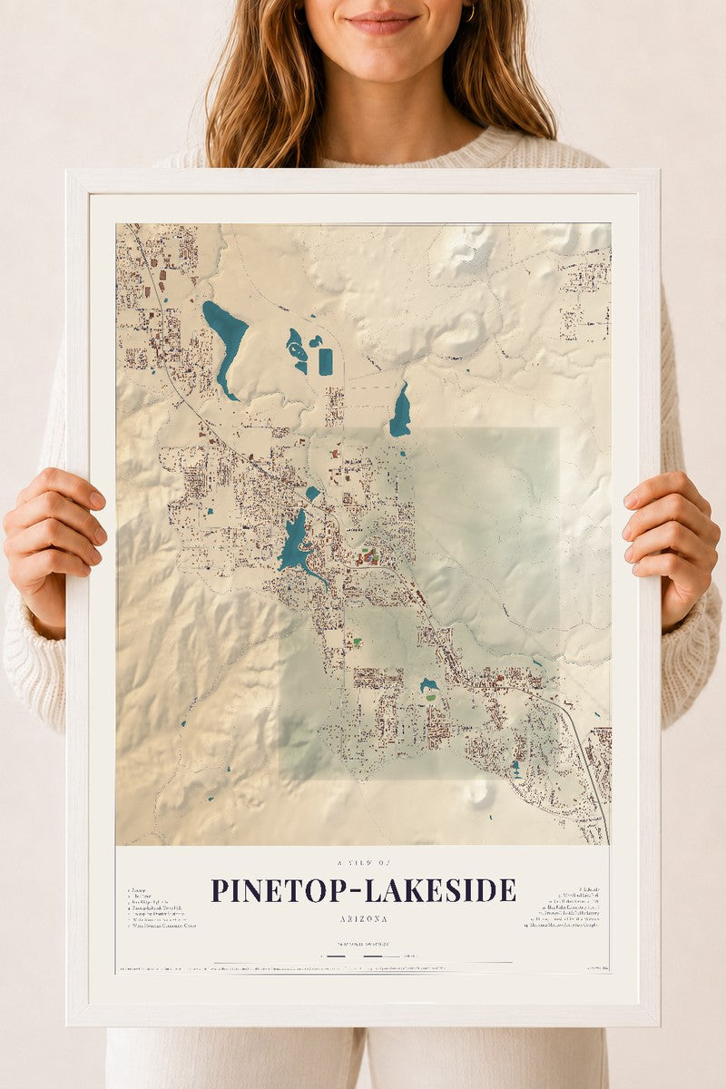 Map of Pinetop-Lakeside, Arizona, 18 x 24 inch print in a white wood frame