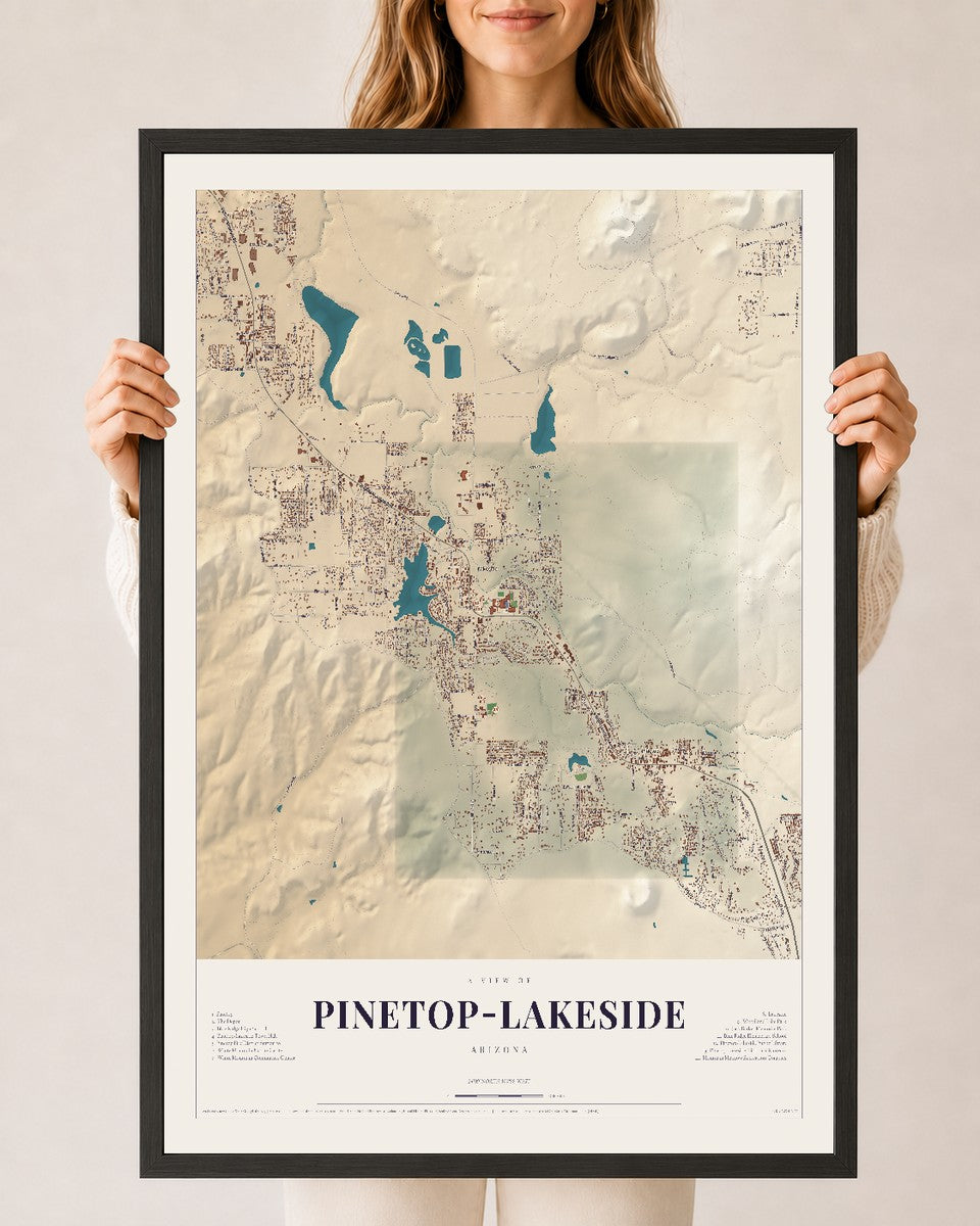 Map of Pinetop-Lakeside, Arizona, 24 x 36 inch print in a black wood frame