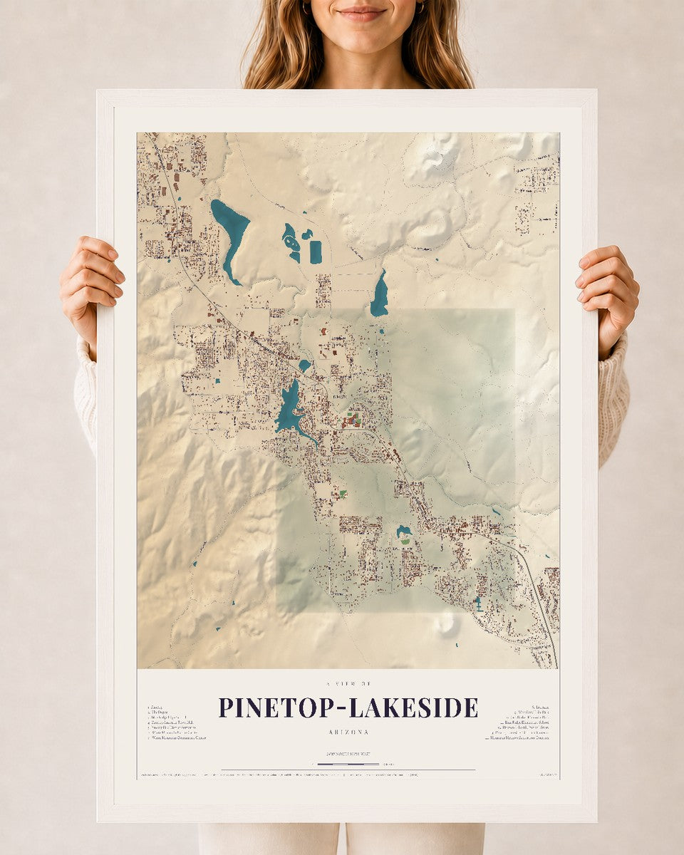 Map of Pinetop-Lakeside, Arizona, 24 x 36 inch print in a white wood frame