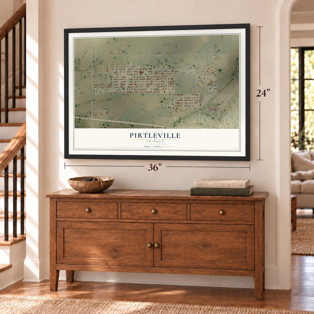 Pirtleville, Arizona map, 24 x 36 inch print in a black frame above a dresser by a staircase