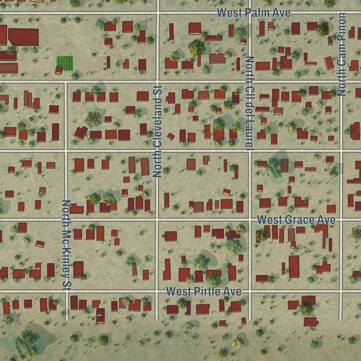 Close-up of the map of Pirtleville, Arizona print showing street and building detail