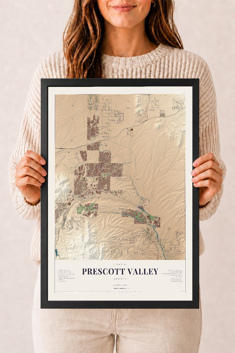 Prescott Valley, Arizona map print, 12" x 18", W/ Black Ayous Wood Frame