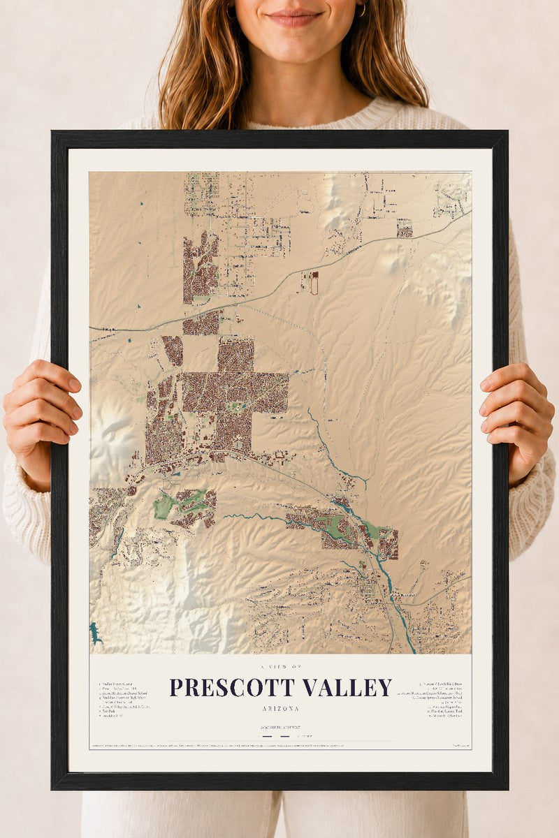Prescott Valley, Arizona map print, 18" x 24", W/ Black Ayous Wood Frame
